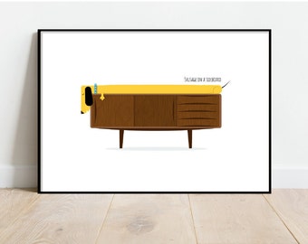 Sausage dog on a sideboard, retro midcentury 1960s Illustration print/poster animals scandi - animal print - dachshund art - dog poster