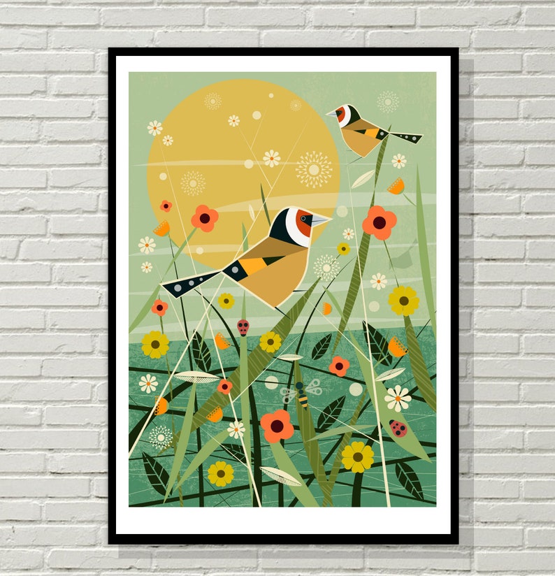 Goldfinch in a summer meadow, retro midcentury 1960s Illustration print/poster bird poster nature print image 2