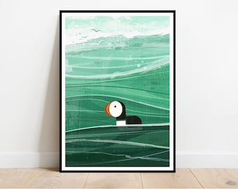 Puffin fishing in a storm, retro midcentury 1960s Illustration print/poster - bird poster - nature print