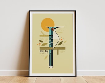 Stylised Blue Jay Art Print: Retro Mid-Century Illustration