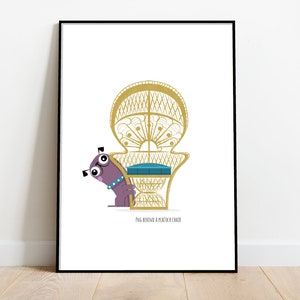 Pug Print: Mid-Century Modern Dog Art - Peacock Chair Illustration