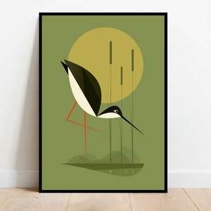 Stelze im Schilf, Retro Midcentury 1960er Illustration Druck/Poster - Vogel Poster - Naturdruck