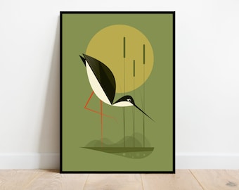 Black Necked Stilt in the reeds, retro midcentury 1960s Illustration print/poster - bird poster - nature print