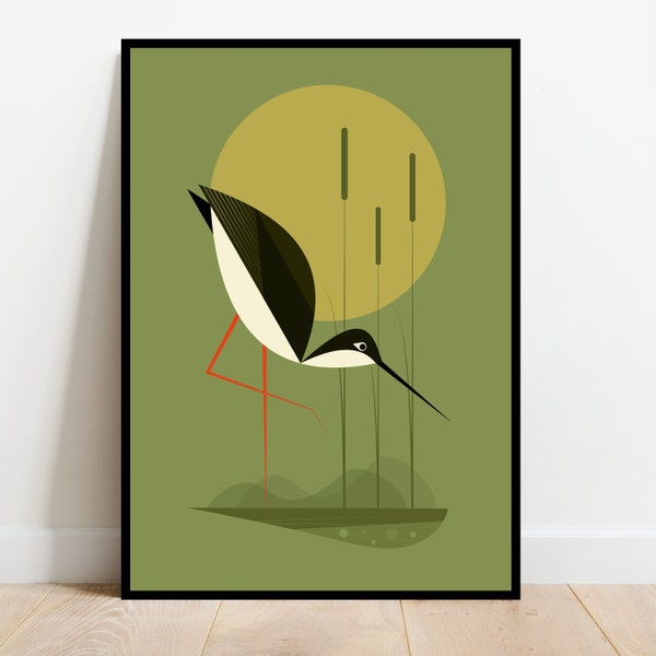 Black Necked Stilt in the reeds, retro midcentury 1960s Illustration print/poster - bird poster - nature print