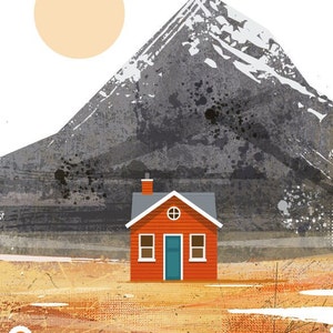 Orange Scandinavian cabin in the mountains, retro midcentury 1960s scandi Illustration print/poster Architecture print image 3