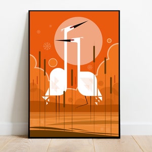 Egrets on Lake Scene print: Retro Midcentury - Bird Illustration - mid century - Geometric - stylised artwork - colourful bird print - birds