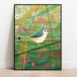 Tufted Titmouse in the woods print, retro midcentury 1960s Illustration print/poster - bird poster - nature print