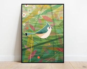 Tufted Titmouse in the woods, retro midcentury 1960s Illustration print/poster - bird poster - nature print