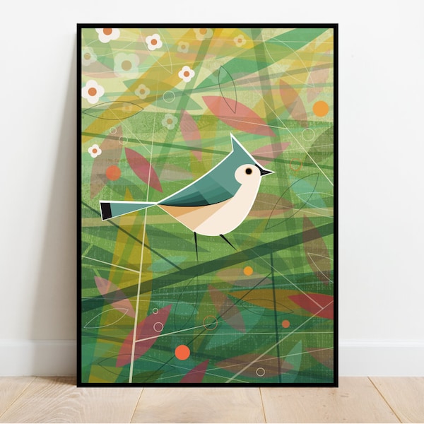 Tufted Titmouse in the woods, retro midcentury 1960s Illustration print/poster - bird poster - nature print