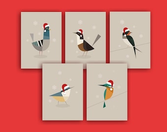 Christmas Birds in Hats Cards - Set of 5 - Retro Holiday Greetings