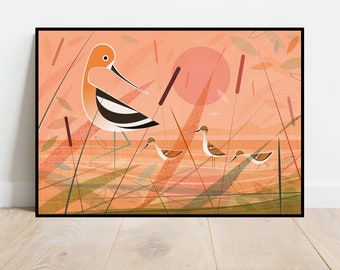 May include: A digital illustration of a group of birds in a marsh setting. The birds are stylized and have orange and brown feathers. The background is a sunset with a large orange sun. The illustration is in a modern style.