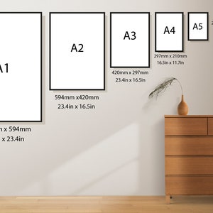 Może przedstawiać: Por&oacute;wnanie r&oacute;żnych rozmiar&oacute;w papieru, oznaczonych jako A1, A2, A3, A4 i A5. Rozmiary podane są w calach i milimetrach. Rozmiary papieru są wyświetlane na białej ścianie z drewnianym komodą pod spodem.