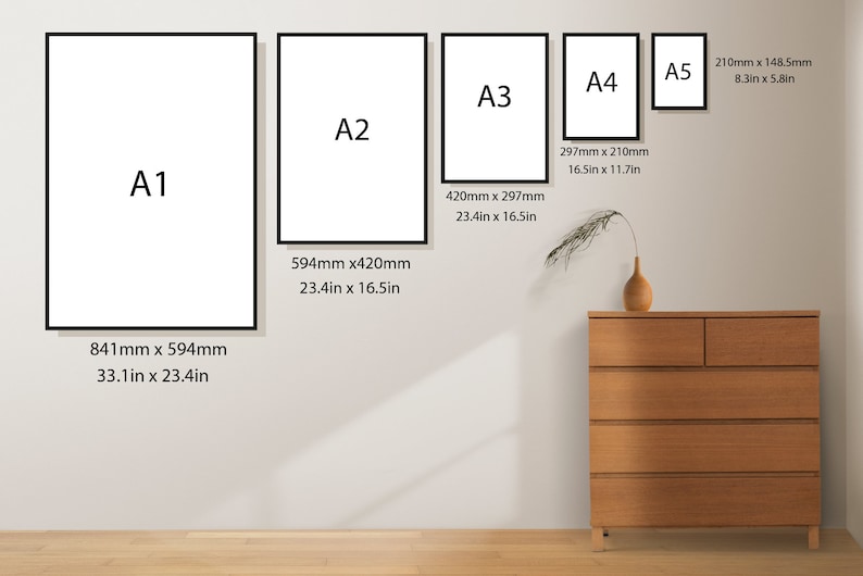 Może przedstawiać: Por&oacute;wnanie r&oacute;żnych rozmiar&oacute;w papieru, oznaczonych jako A1, A2, A3, A4 i A5. Rozmiary podane są w calach i milimetrach. Rozmiary papieru są wyświetlane na białej ścianie z drewnianym komodą pod spodem.