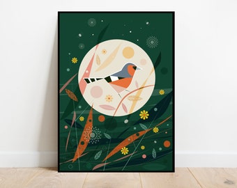 Chaffinch in a night meadow, retro midcentury 1960s Illustration print/poster - bird poster - nature print