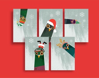 Nosy Pigeons Christmas Cards: Retro 1960s Mid-century Illustration, Pack of 5