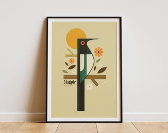 Stylised Magpie Print: Retro Mid-Century Wildlife Art