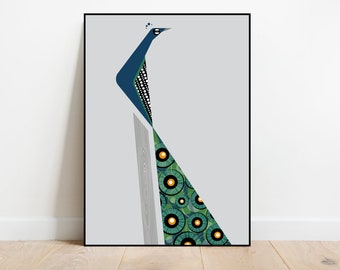 Pfau auf einem Baumstumpf, retro midcentury 1960s Illustration Druck/Poster - Vogel-Poster