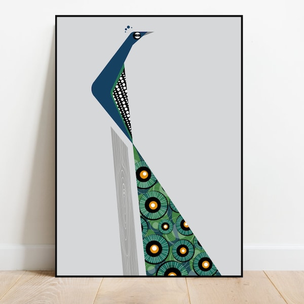 Peacock Illustration Print: Retro Mid-Century Modern Bird Poster