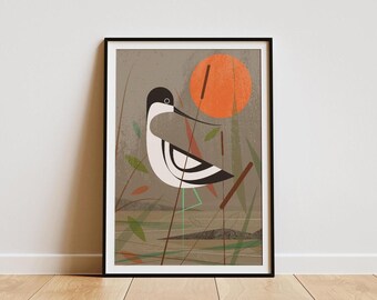 Charming Avocet Wading Print - Retro Bird Wall Art - Midcentury Wildlife Illustration