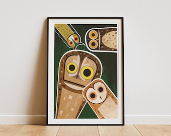 Nosy Owls Art Print: Retro Mid-Century Illustration