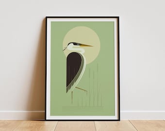 Heron in the Reeds Art Print: Retro Mid-Century Bird Illustration