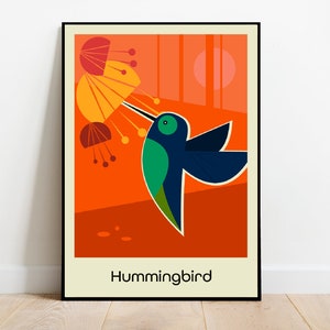 H para Colibrí, alfabeto animal impresión retro mediados de siglo 1960 Ilustración impresión/póster animales scandi - cartel infantil, impresión infantil