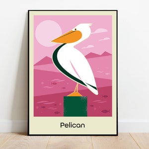 P para pelícano, alfabeto animal impresión retro mediados de siglo 1960 Ilustración impresión/póster animales scandi - cartel infantil, impresión infantil