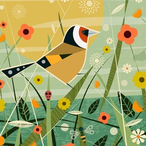 Goldfinch in a summer meadow, retro midcentury 1960s Illustration print/poster bird poster nature print image 3