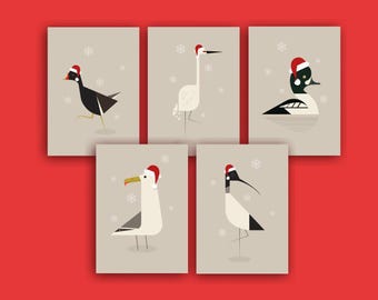 Christmas Birds in Hats Cards: 1960s Retro Style, Set of 5