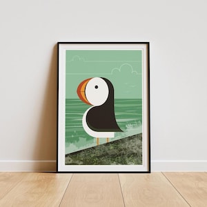 Retro Puffin Print: Mid-Century Modern Bird Illustration