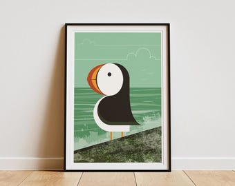 Retro Puffin Print: Mid-Century Modern Bird Illustration