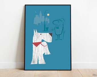 Evening Dog Walk, retro midcentury 1960s Illustration print/poster Shnauzer - animal print - Westie art - dog poster, Terrier art