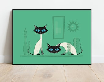 Siamese Cats on a shelf, retro midcentury 1960s Illustration print/poster animals scandi - animal print - wildlife art - cats poster