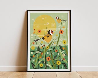 Goldfinch Summer Meadow Print: Retro 1960s Mid-Century Illustration