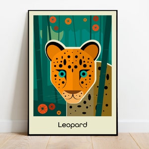 L para leopardo, alfabeto animal impresión retro mediados de siglo 1960 Ilustración impresión/póster animales scandi - cartel infantil, impresión infantil