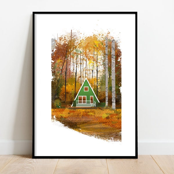 Green Scandinavian cabin in the woods, retro midcentury 1960s scandi Illustration print/poster - Architecture print