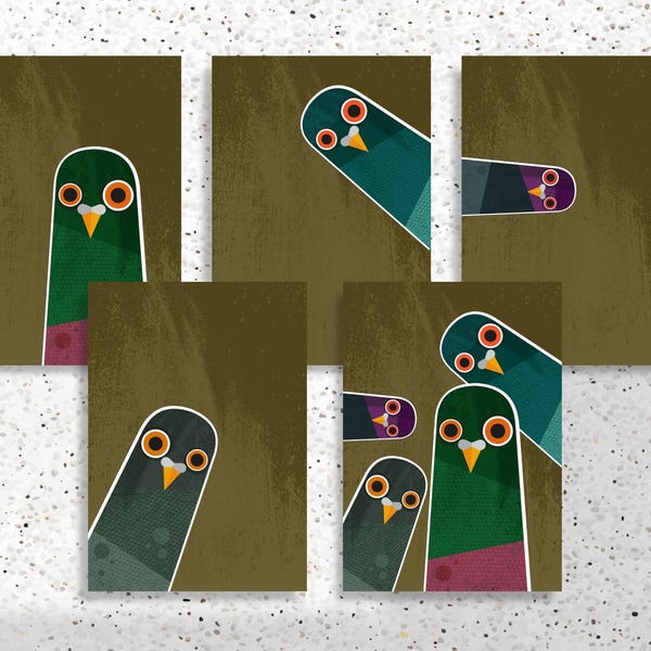 Nosy Pigeons Greetings Cards: Retro 1960s Mid-century Illustration, Pack of 5