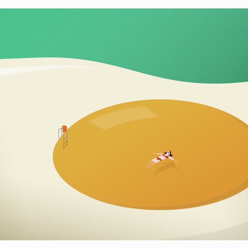 May include: Illustration of a person floating in a yellow pool. The pool is surrounded by a white and green background. A ladder and a red buoy are visible on the side of the pool. The person is wearing a red swimsuit.