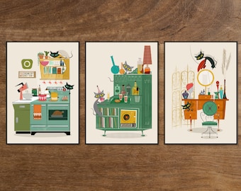 Mid-Century Siamese Cat Print Set: 1960s Retro Illustration