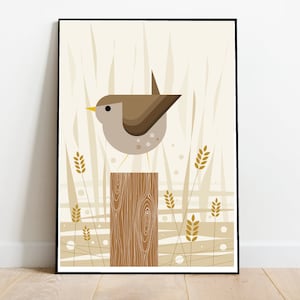 Wren en un tocón, retro mediados de siglo 1960 Ilustración impresión/cartel - cartel de pájaro - impresión de la naturaleza