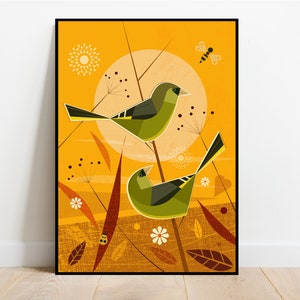 Grünfink auf einer Sommerwiese, retro midcentury 1960s Illustration Druck/Poster - Vogel-Poster - Naturdruck