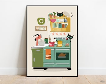 Mid-Century Cats in Kitchen Print: Retro 1960s Illustration