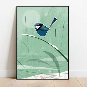 Zaunkönig im Schnee, retro midcentury 1960s Illustration Druck/Poster - Vogel Poster - Naturdruck