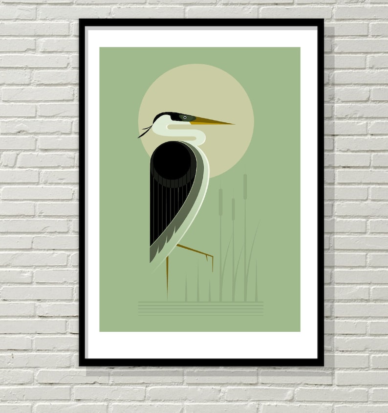 Heron in the reeds, retro midcentury 1960s Illustration print/poster bird poster nature print image 3