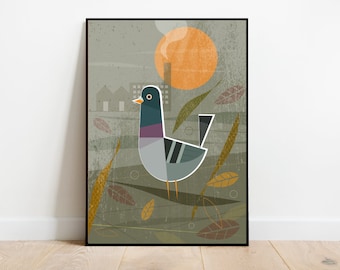 Urban Pigeon on waste ground, retro midcentury 1960s Illustration print/poster - bird poster