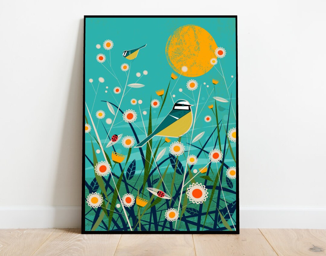 Blue Tits in a summer meadow, retro midcentury 1960s Illustration print/poster - bird poster - nature print
