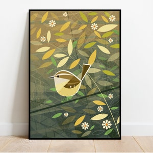 Carolina-Wren im Unterholz, retro midcentury 1960s Illustration Druck/Poster - Vogel-Poster - Naturdruck