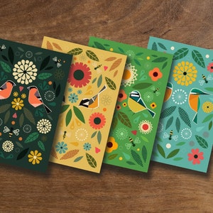 4 cartes de voeux d'oiseaux inspirées de l'art populaire. 4 x cartes de Noël, illustration rétro des années 60, carte de voeux, anniversaire