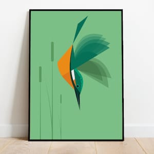 Kingfisher Diving amongst the reeds, retro midcentury 1960s Illustration print/poster - bird poster - nature print 4 colours available
