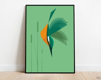 Kingfisher Diving amongst the reeds, retro midcentury 1960s Illustration print/poster - bird poster - nature print 4 colours available